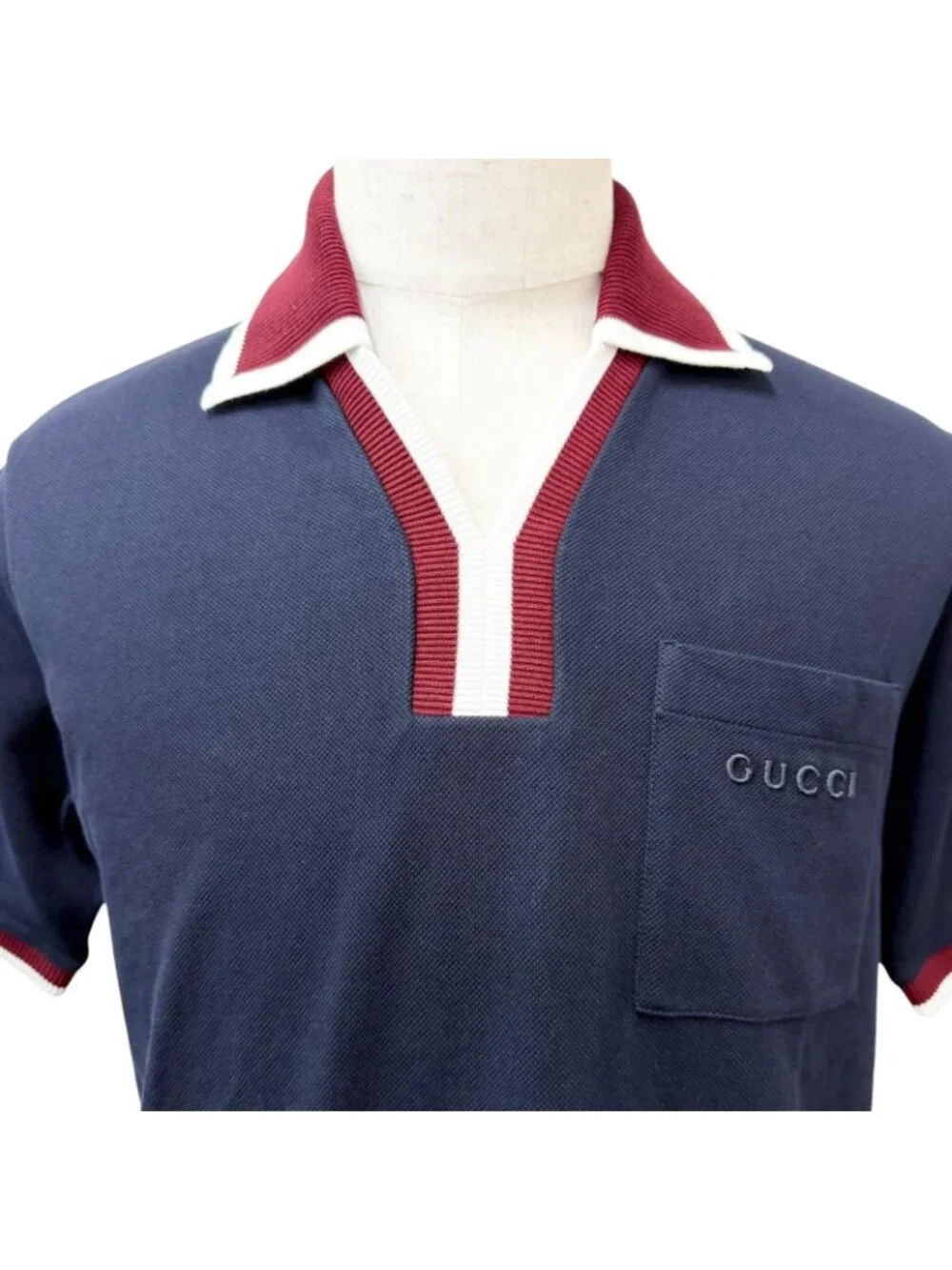 Gucci Logo Embro Cotton Pike Short Sleeve Polo Shirt Top Navy Bordeaux XS